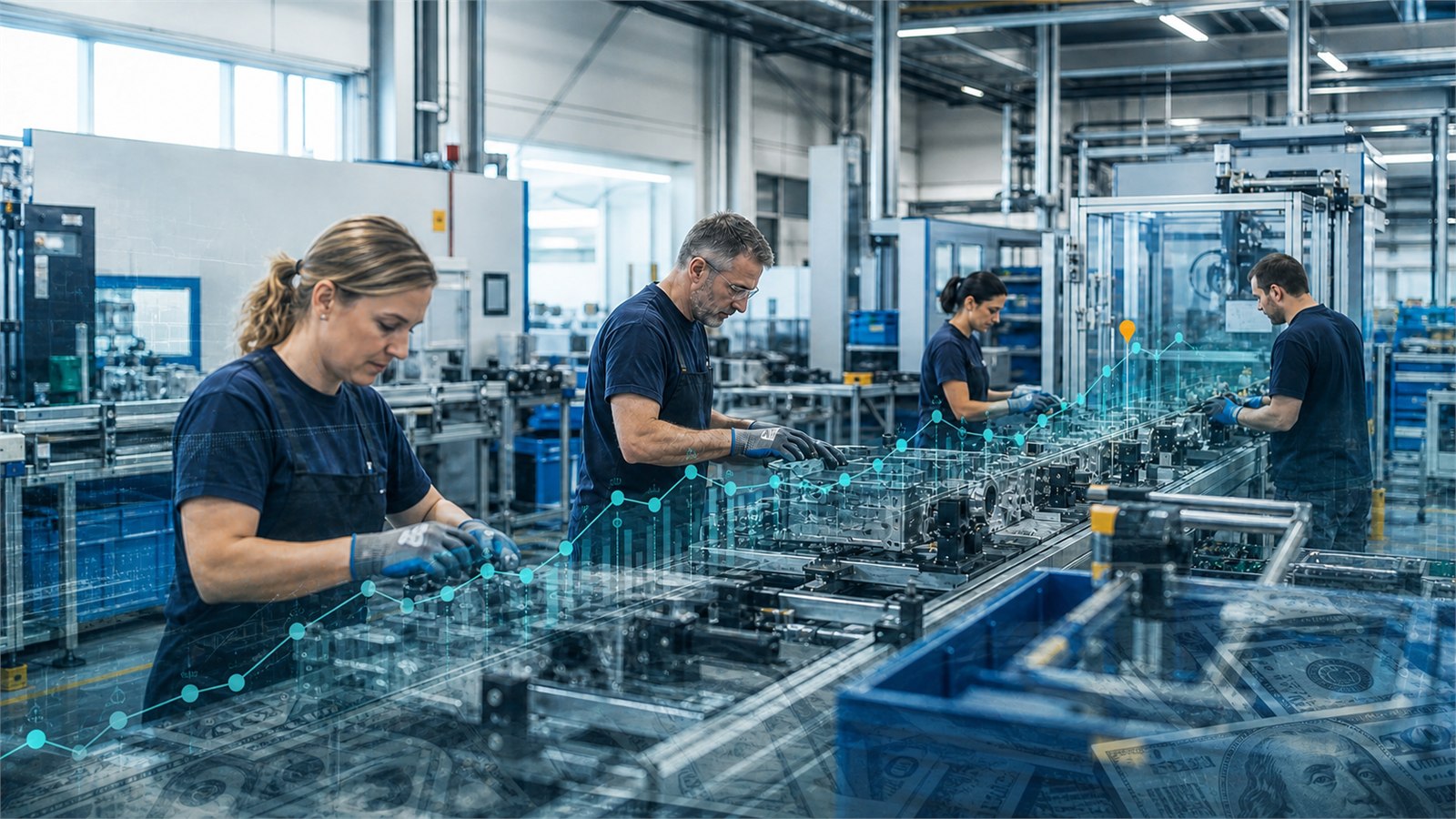 Zespół pracowników produkcyjnych na tle danych wynagrodzeniowych
