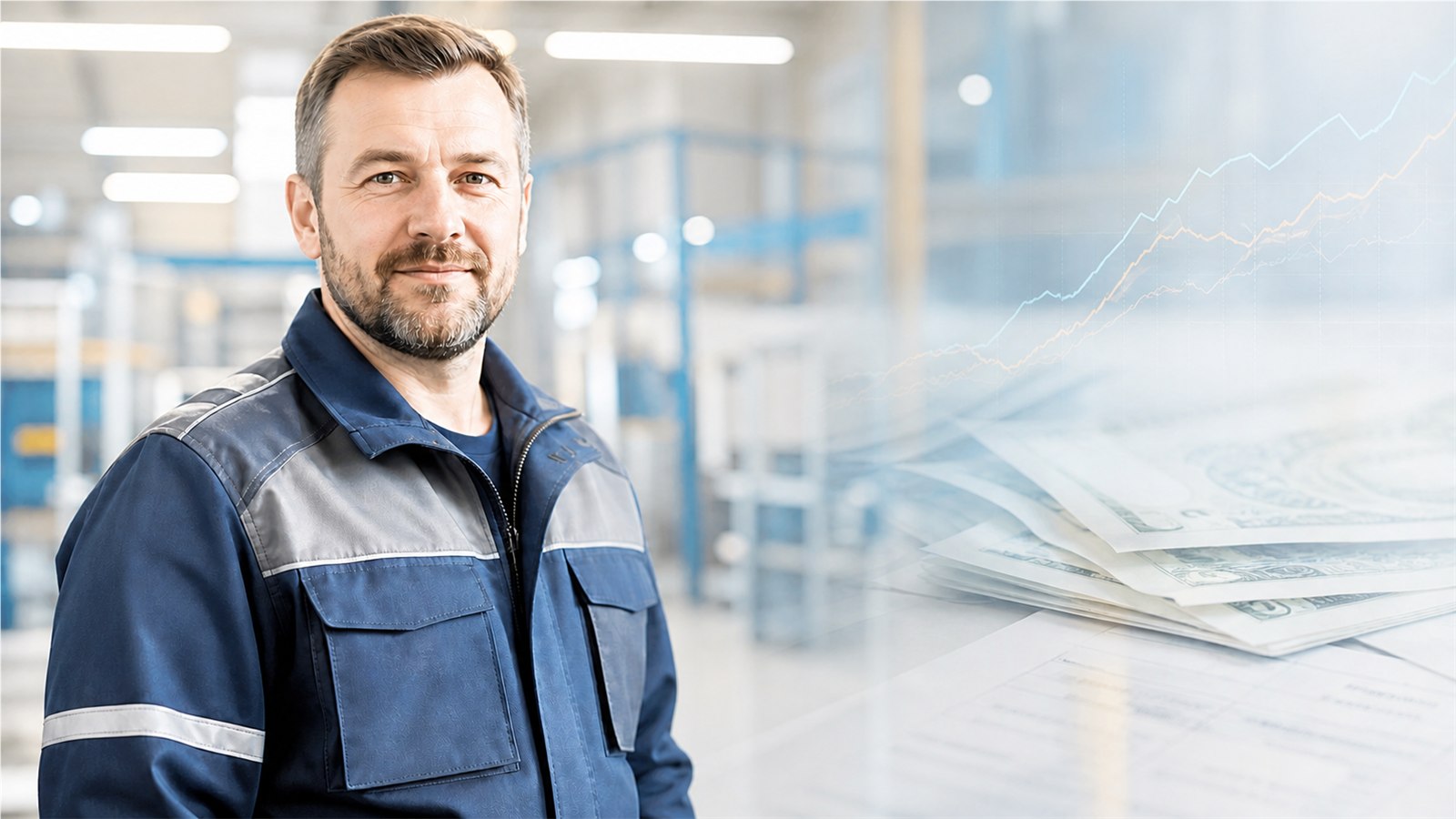 Pracownik produkcji na tle wykresu wynagrodzeń i motywu płacowego